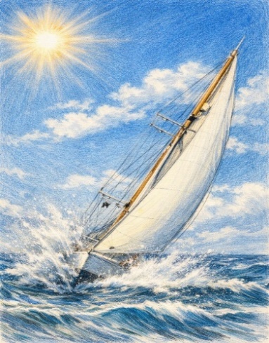 Sailing boat exposed to intense sunlight and wind